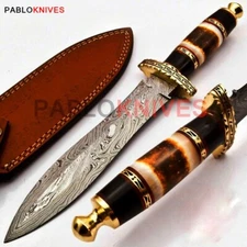 13" Rare  Hand Forged Damascus Steel Hunting Dagger Knife Burnt Bone Handle