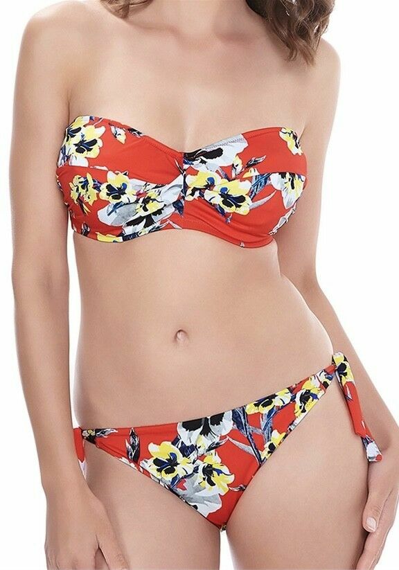 Fantasie Calabria Bikini Red Pansy 38FF XL Padded Strapless Bandeau Top Brief