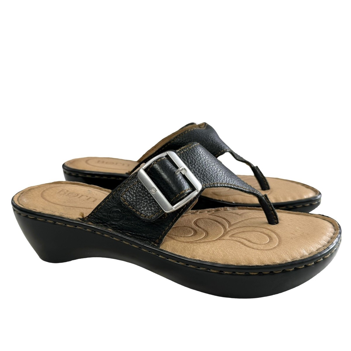 Born Black Pebble Leather Thong Wedge Platform Sandals Size 