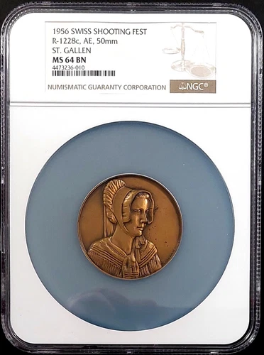 1956 Swiss Shooting Fest Medal, R-1228c, AE, 50 mm, St. Gallen, NGC MS 64 BN!