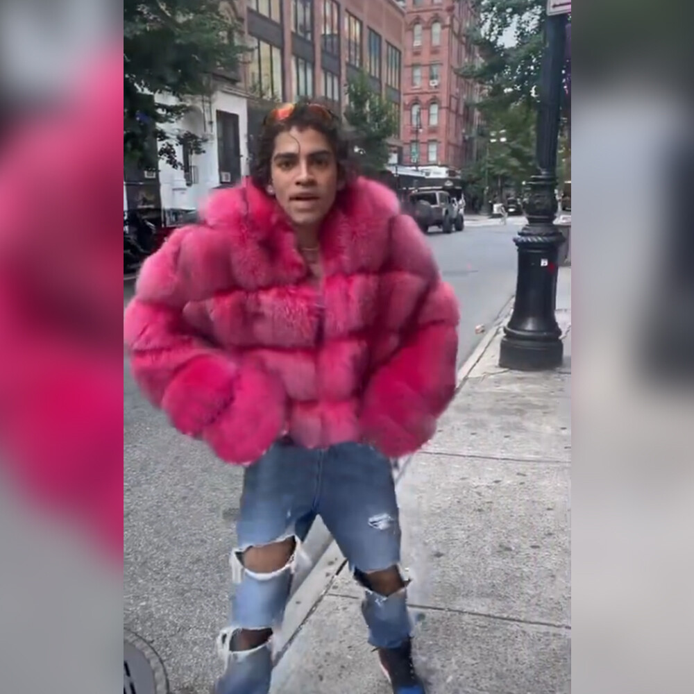 Mens Fashion Real Fox Fur Hooded Coat Hot Pink Genuine Fur Short
