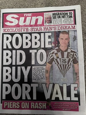 The Sun 31st January 2024 31/1/24 Robbie Williams Bid To Buy Port Vale