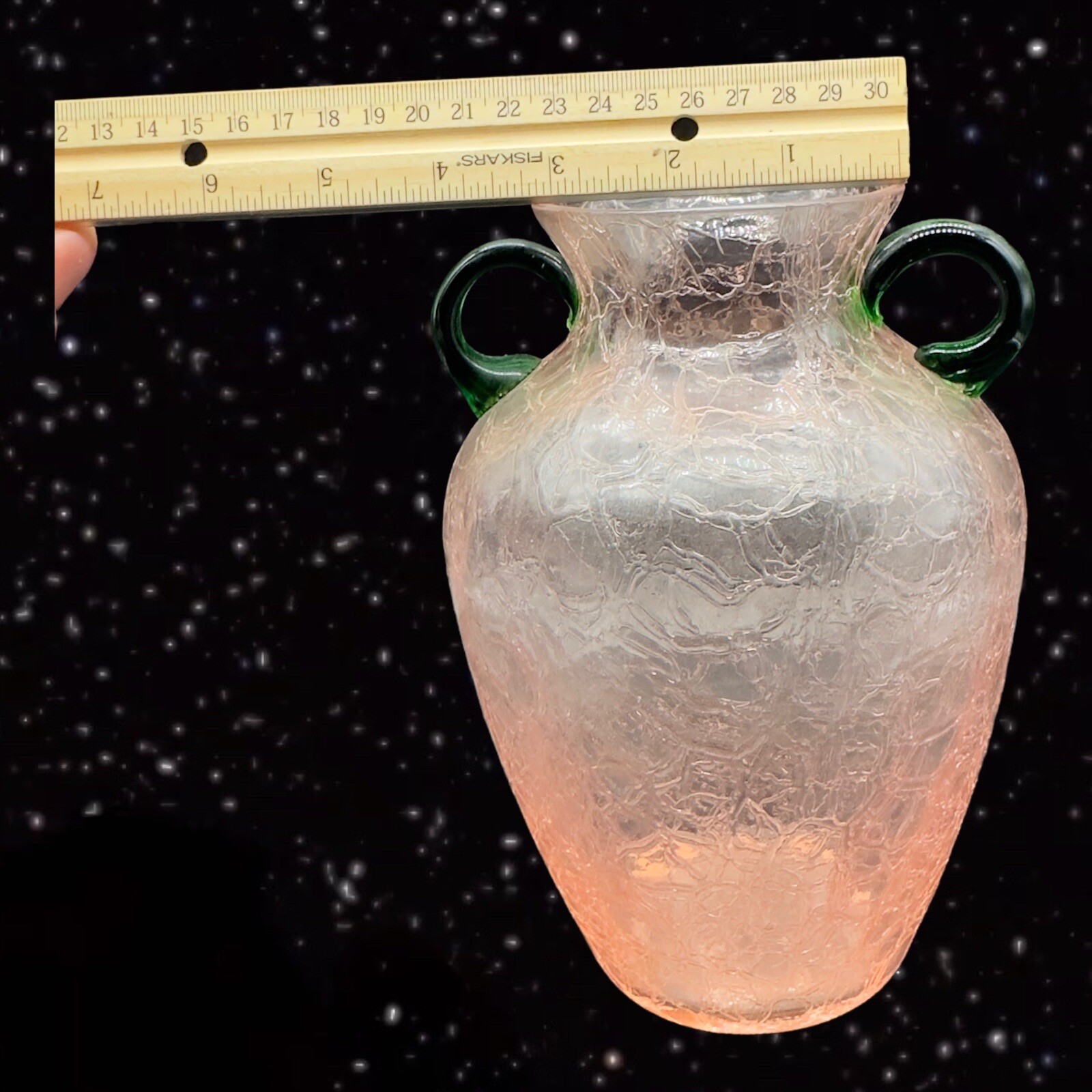 Pink Crackled Art Glass Vase with Applied Green Handles Textured Surface 8”T 3”W