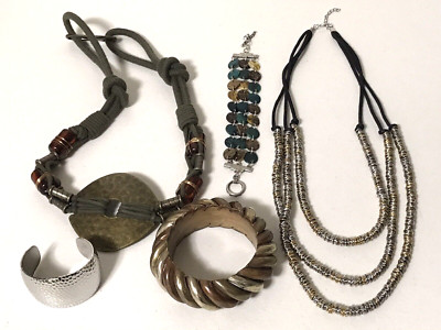 5 Pcs Jewelry Lot Handmade Wooden Brass Necklace Bracelet Boho