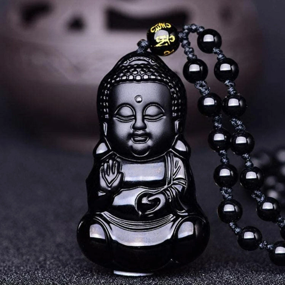 Black obsidian Baby Buddha Necklace Amulet Pendant with adjustable
