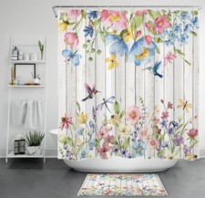 Hummingbird Blue Floral Retro Grey Wood Shower Curtain Set for Bathroom Decor
