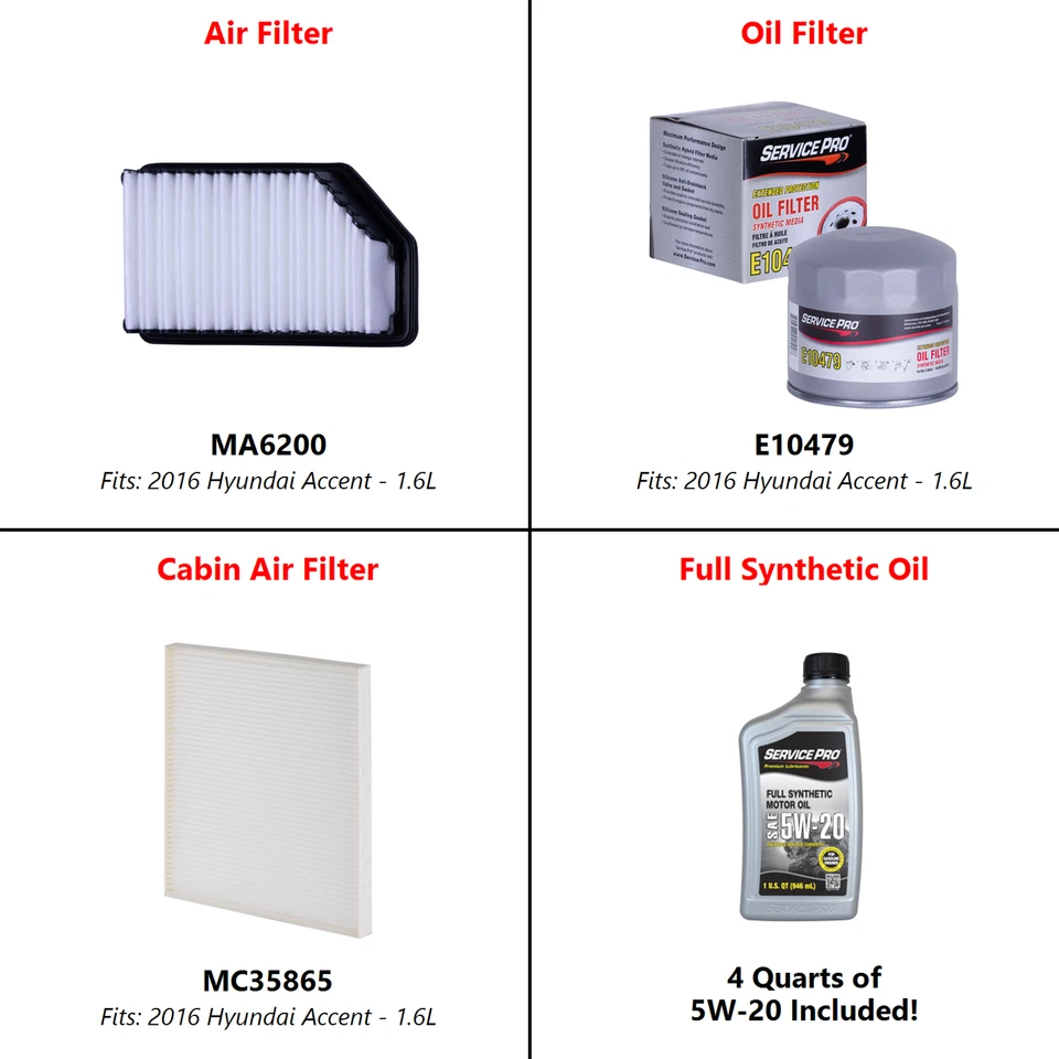 2016 Hyundai Accent 1.6L Complete Oil, Air & Cabin Filter Kit (5W-20) Foto 2 de 4