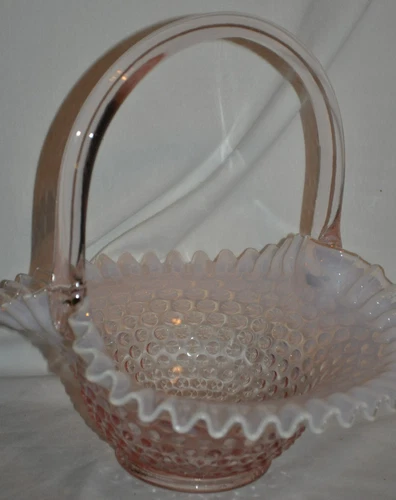 1988 Fenton Glass Peaches N' Cream Pink Opalescent Hobnail 10" basket #3830