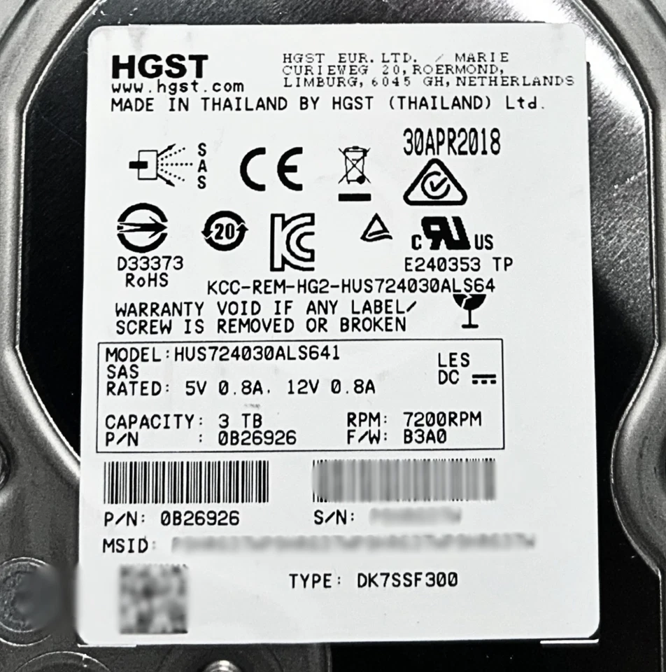 Hitachi 0B26926 3 TB 7,2 K SAS 3,5 6 G HUS724030ALS64 Foto 2 de 4