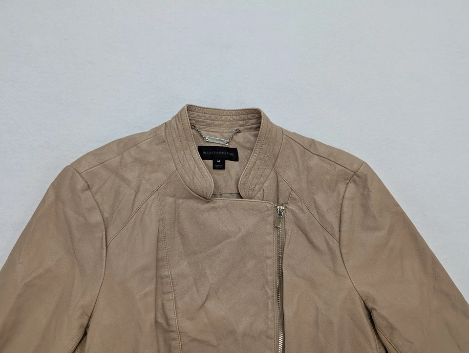 Worthington Women's Faux Leather Jacket Size M Beige Moto Motorcycle - Image 4 of 4