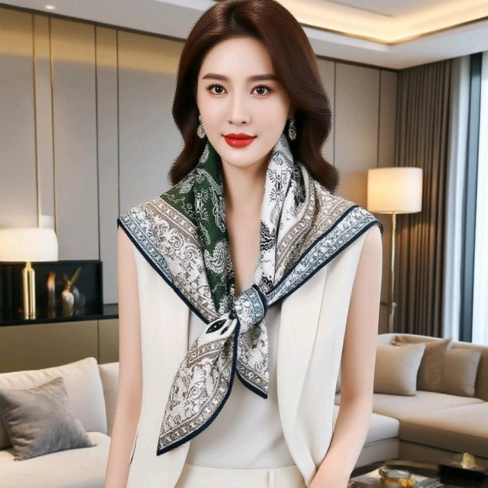 70% Cashmere 30% Silk Bandanna Shawl 26'' Scarf Green Blue Neckerchief Wrap