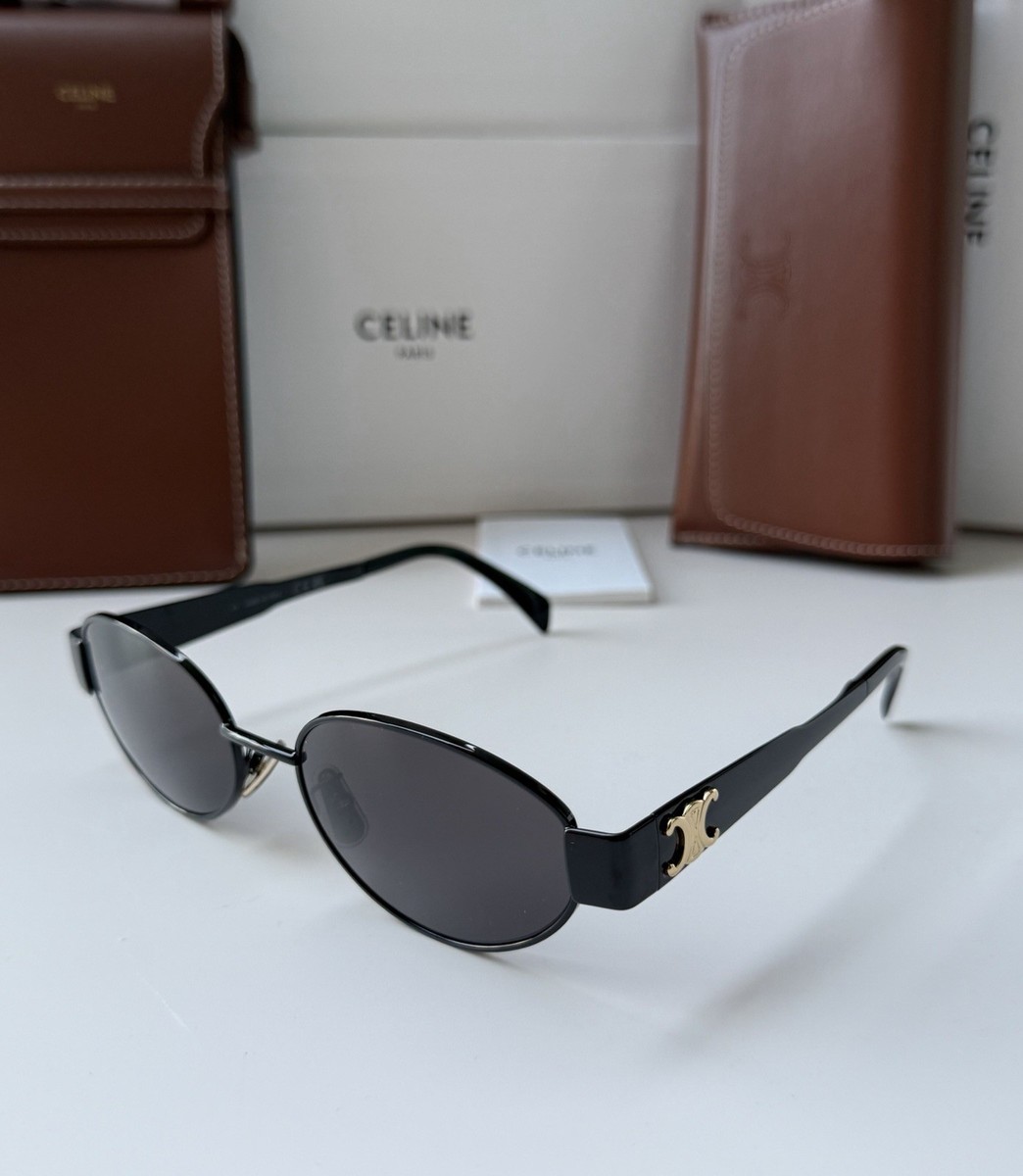 CELINE CL40235U 01A Triomphe Oval Metal Black Gold Grey Sunglasses
