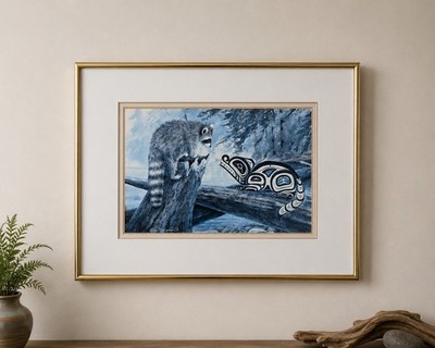 Sue Coleman Signed ''Raccoons'' PNW Native Wildlife Art Print Framed 11x14 
