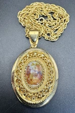 Vintage Victorian Revival Serenade Gold Tone Photo Locket Pendant Necklace