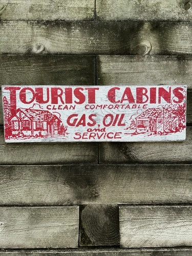 VTG Hand Painted Wooden Sign TOURIST CLEAN CABINS GAS OIL Rustic Motel Lodge 29”