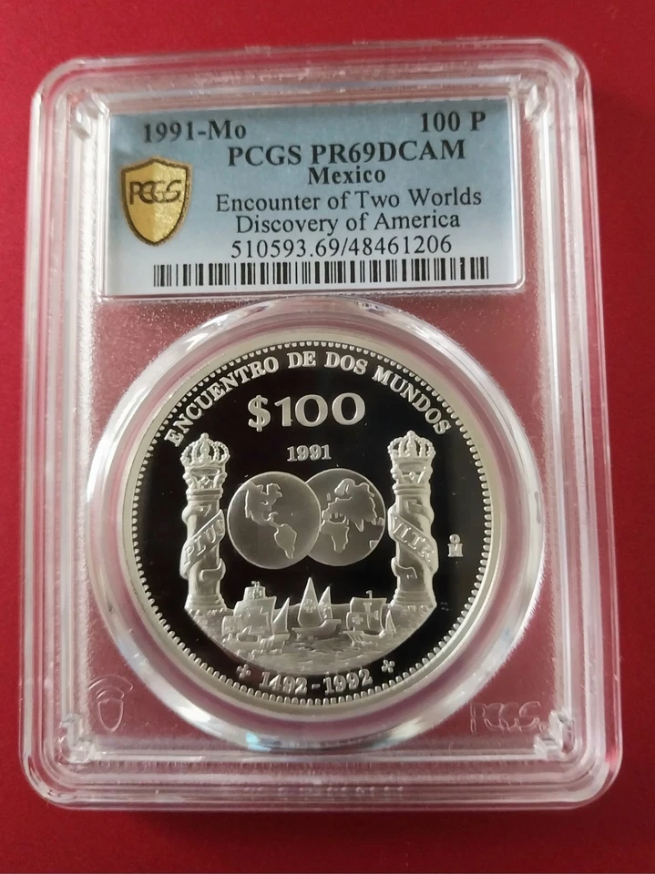 Mexico 100 pesos Two Worlds Encounter Ships Pillars PR69 PCGS silver coin 1991 - Image 3 of 4