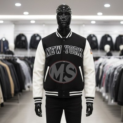 Embroidery Letterman Varsity Jacket   Black Body with white Leather Sleeves