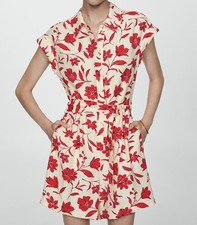 MANGO Women  s Floral Short Sleeve Jumpsuit with Tie Waist in Size S NWOT