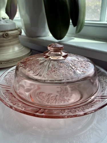 Vintage Federal Glass Sharon Pink Cabbage Rose Butter/Cheese Dish With Cover