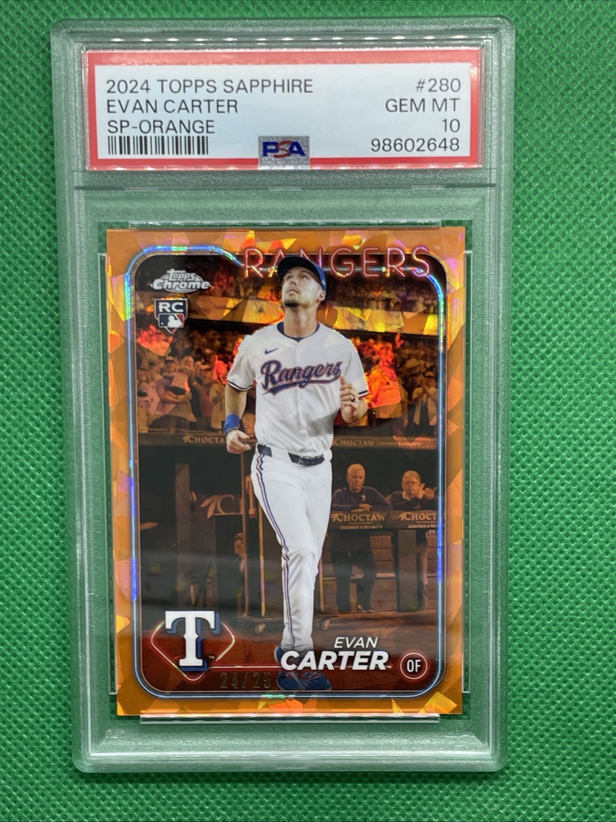 2024 TOPPS CHROME SAPPHIRE SP-ORANGE #280 EVAN CARTER  RC #/25 PSA 10
