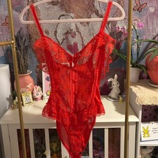 Vintage Delicates Red Ruffled Lacey Teddy Bodysuit M