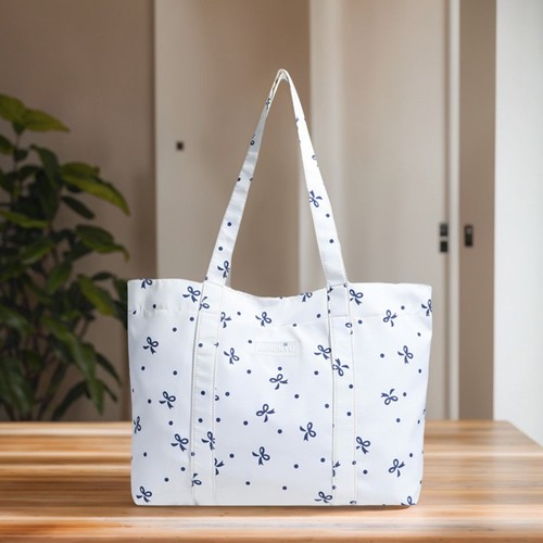 Women Cotton Filled Bow Pattern Shoulder Bag for Shopping Work (Blue) . - Picture 4 of 5