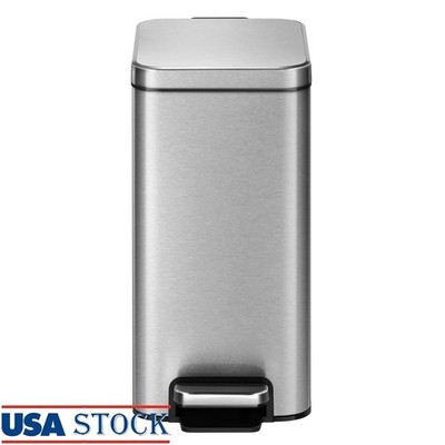 Stainless Steel Trash Can Step Wastebasket Soft Close Lid Hands-Free 2.6G New