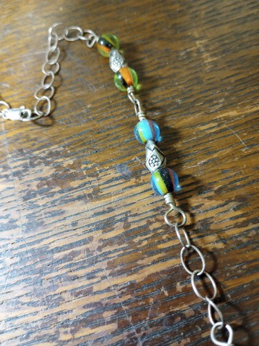 Vtg Colorful Art Glass Bead Sterling Silver Round Link Boho Necklace - Picture 3 of 14