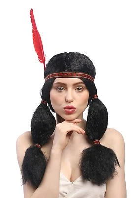 Perücke Damen Karneval Fasching Indianer Indianerin Zöpfe Stirnband Feder 50 cm - Bild 1 von 4