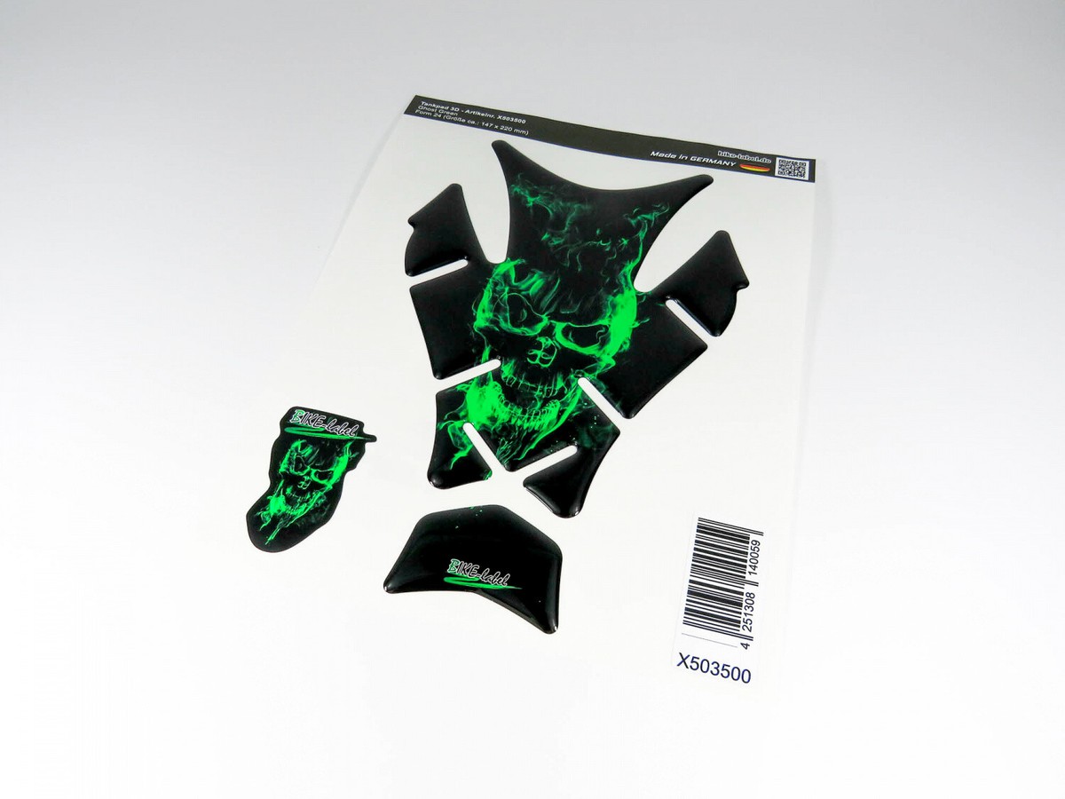 Tank pad 3D motorcycle sticker-skull flames green paint