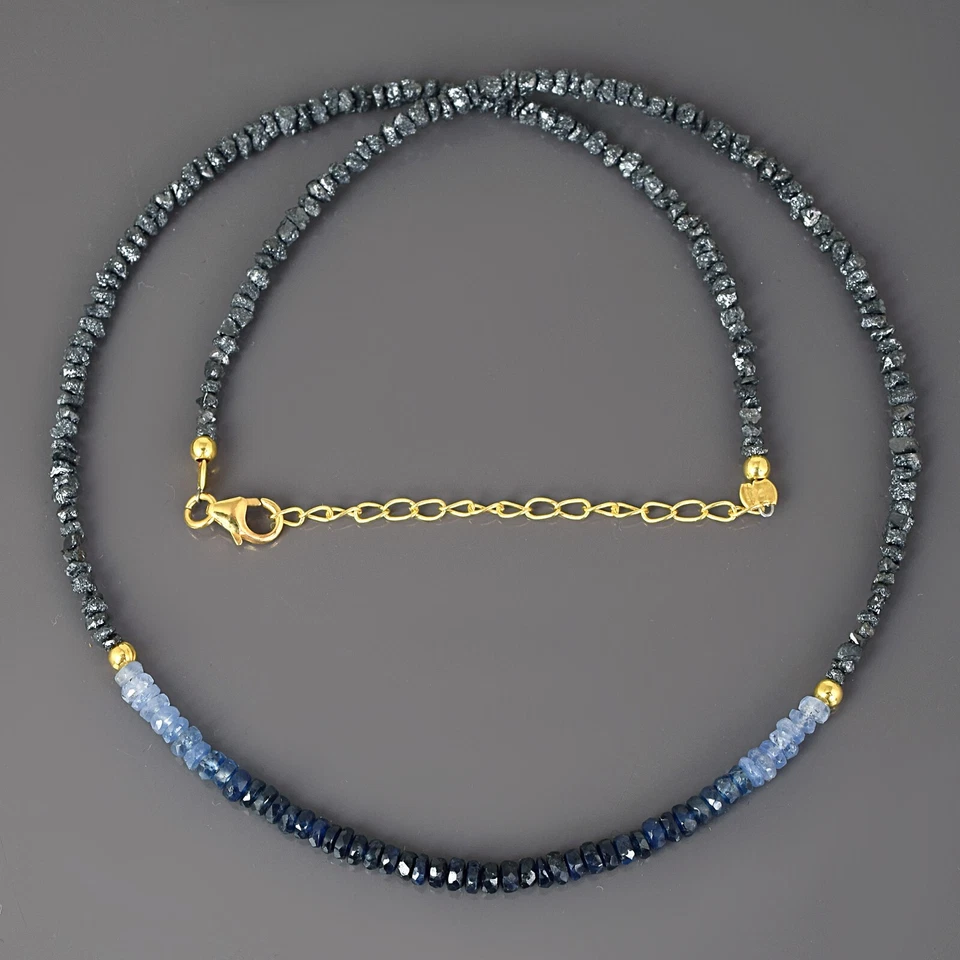 Colar de prata 925 pepitas de diamante preto bruto natural e contas de safira azul - Imagem 3 de 4