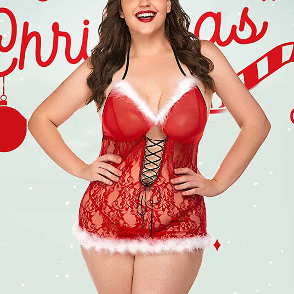 Women‘s Plus Size Sexy Lingerie for Valentine Cosplay Floral Lace Santa Babydoll