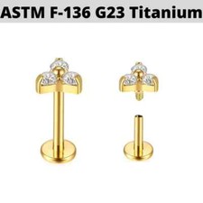 Titanium GOLD 16G 1/4" INTERNALLY THREADED Prong set 3 CZ Ear Tragus Stud Labret