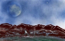 Mountain Landscape Artwork in Blue to Brown by Jason Girard in smaller size.