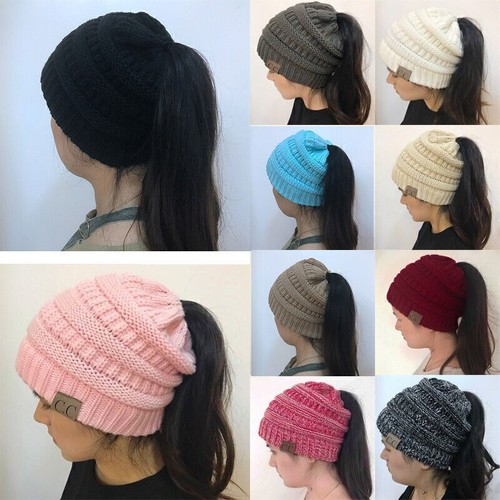 BeanieTail Soft Stretch Cable Knit Messy High Bun Ponytail Beanie Hat Cap Warm - Picture 6 of 21
