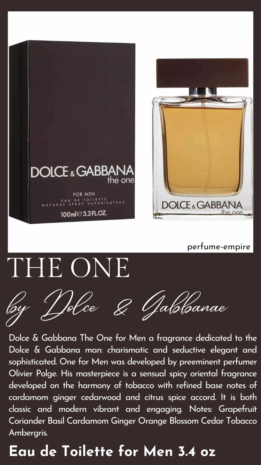 D & G THE ONE Dolce & Gabbana for Men 3.3 / 3.4 oz edt NEW IN BOX