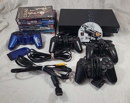Sony PS2 System - TESTED WORKING - w/ Controllers Cables + 7 games