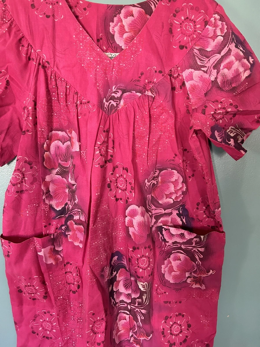 Vtg Hawaiian Habart MuuMuu Pink MuMu House Dress Flowers Pocket