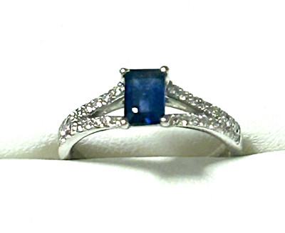 BLUE NILE 14K WHITE GOLD 6MM x 4MM BLUE SAPPHIRE & DIAMOND SPLIT SHOULDER RING