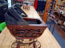 Vintage Wicker Doll Carriage With Metal Frame And Folding Fabric Hood