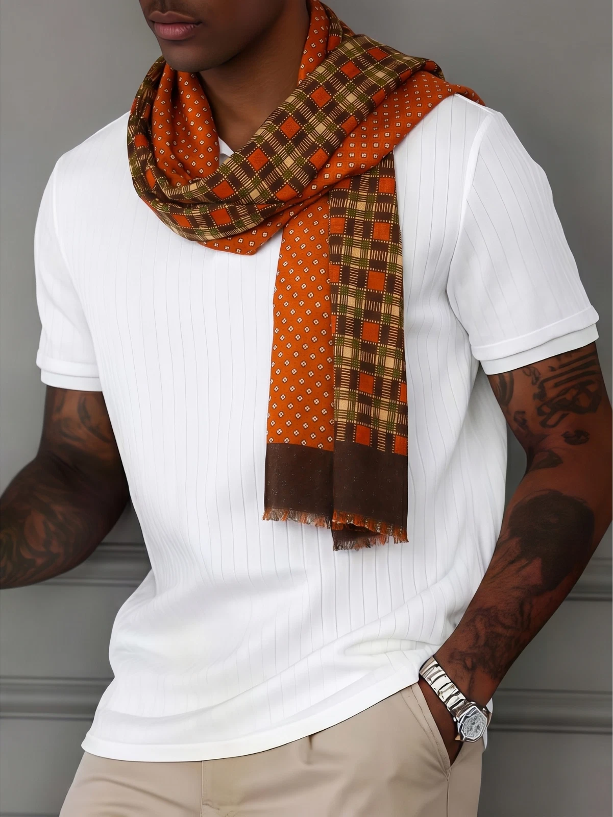 $400 NWT Altea Double Face Plaid Wool & Geometric Silk Men's Scarf Italy 12"X71"