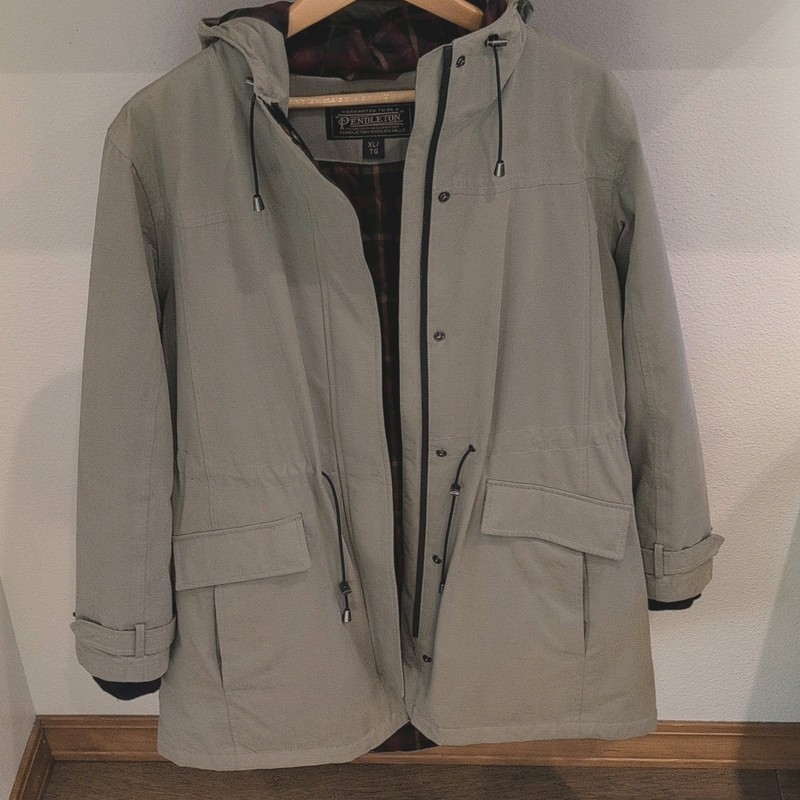 Pendleton Men's XL Beige Hooded Lined Zip-Up Mid-Length Parka Jacket Pockets