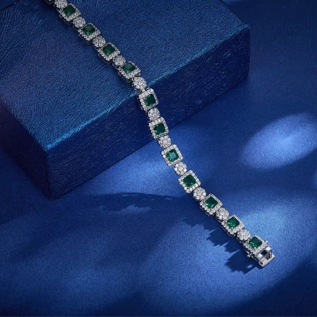 17Ct Princess Cut Lab Created Green Emerald Tennis Bracelet 14K White Gold Pated - Image 3 of 4