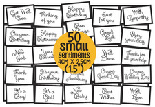 Image of 50 SMALL 4CM MIXED MESSAGES Sentiments/Banner BLACK+WHITE Card Toppers 1.5"