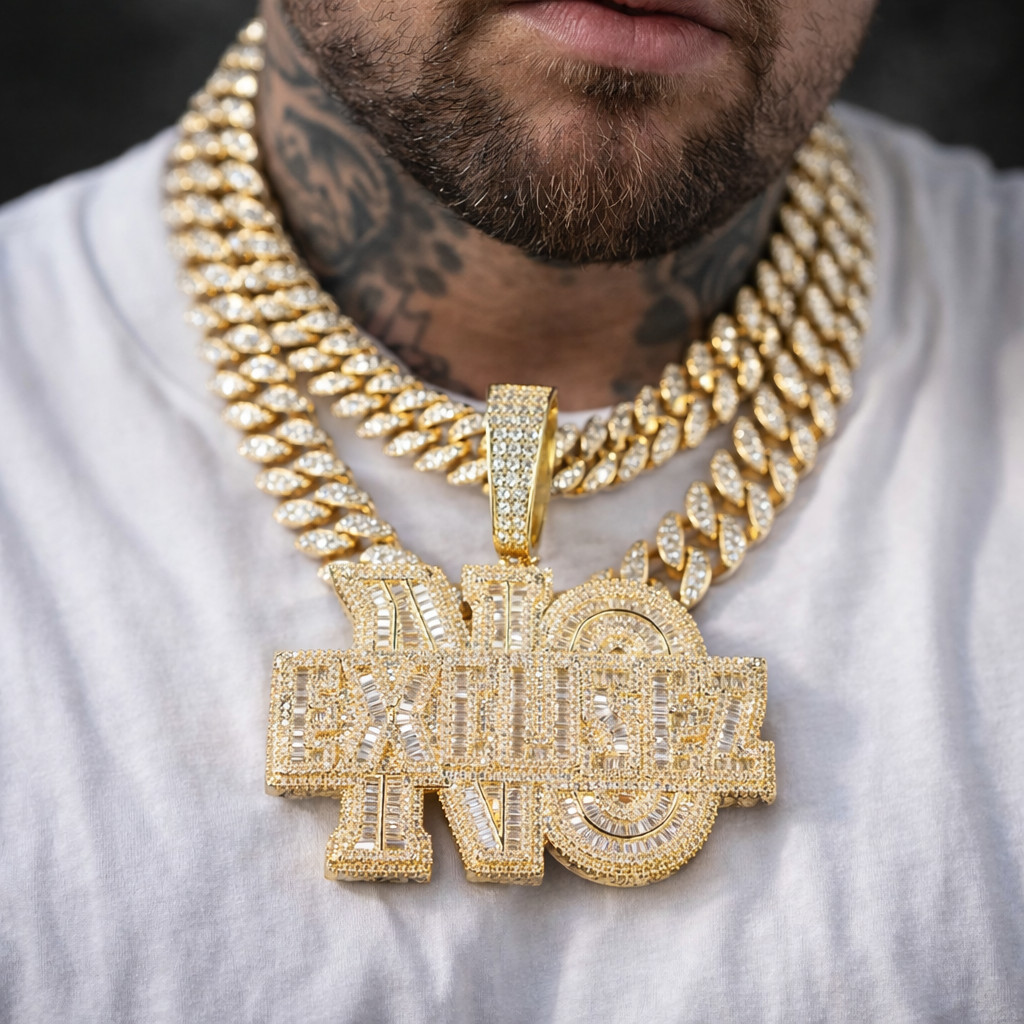 5AAA+ CZ Hip Hop Iced Out NO EXCUSEZ Bling Pendant Chain 14k Real Gold Plated
