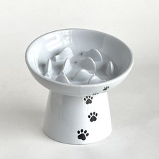 YHY Porcelain Cat/Small Dog Slow Feeder Bowl Elevated for Dry/Wet Food Paw Print