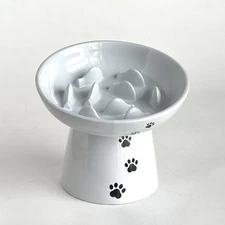 YHY Porcelain Cat/Small Dog Slow Feeder Bowl Elevated for Dry/Wet Food Paw Print