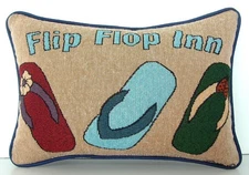 "Flip Flop Inn", Small Phrase Tapestry Pillow, Three Colorful Flip Flops, New