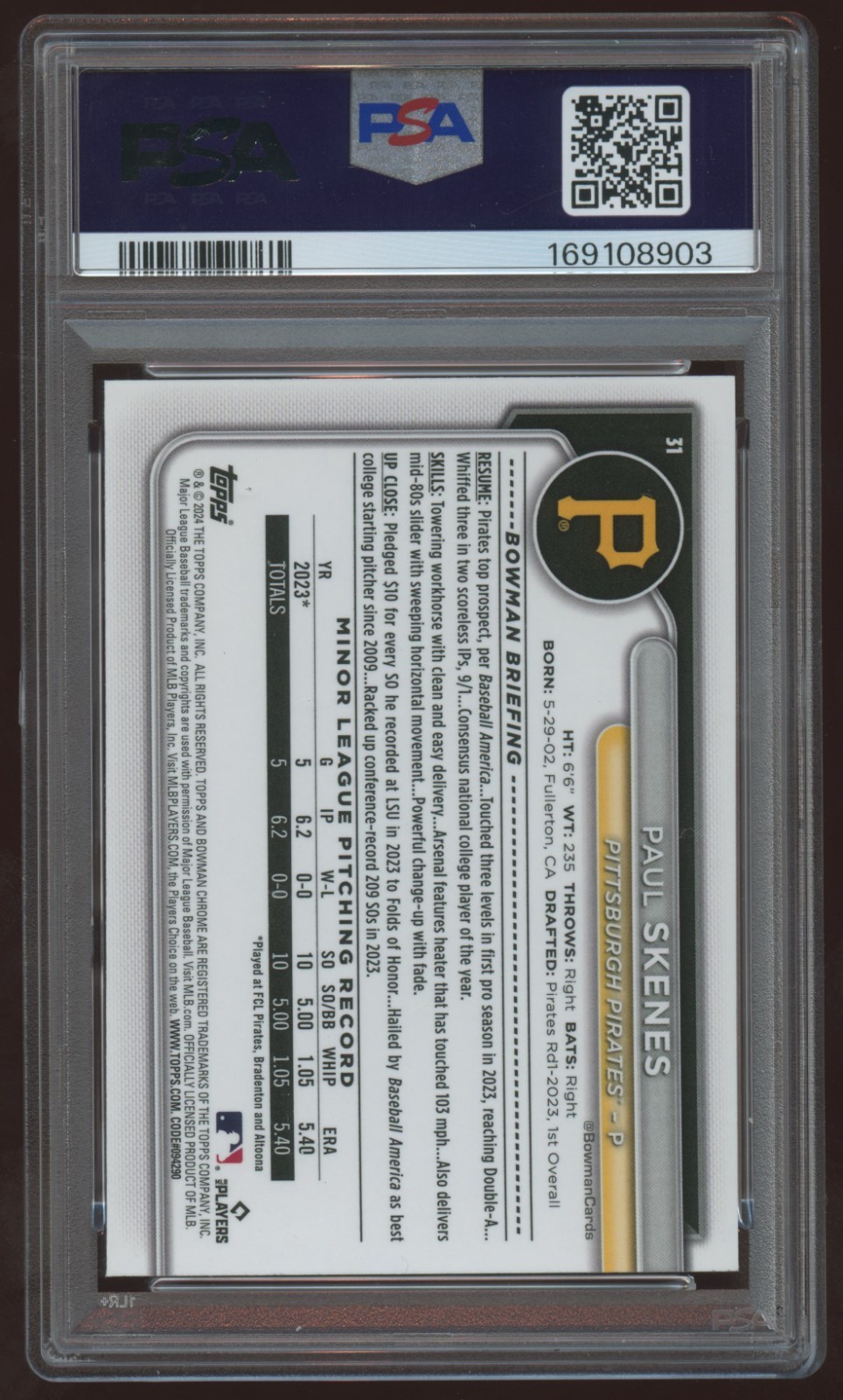 2024 Bowman Chrome Mega Box #31 Paul Skenes RC PSA 10 GEM MT Pirates Rookie view 4