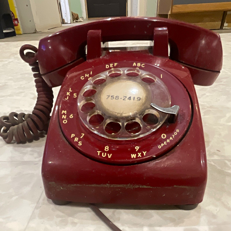 Burgundy/Red Rotary Dial Corded Desk Telephone w/ Coiled Handset Cord
